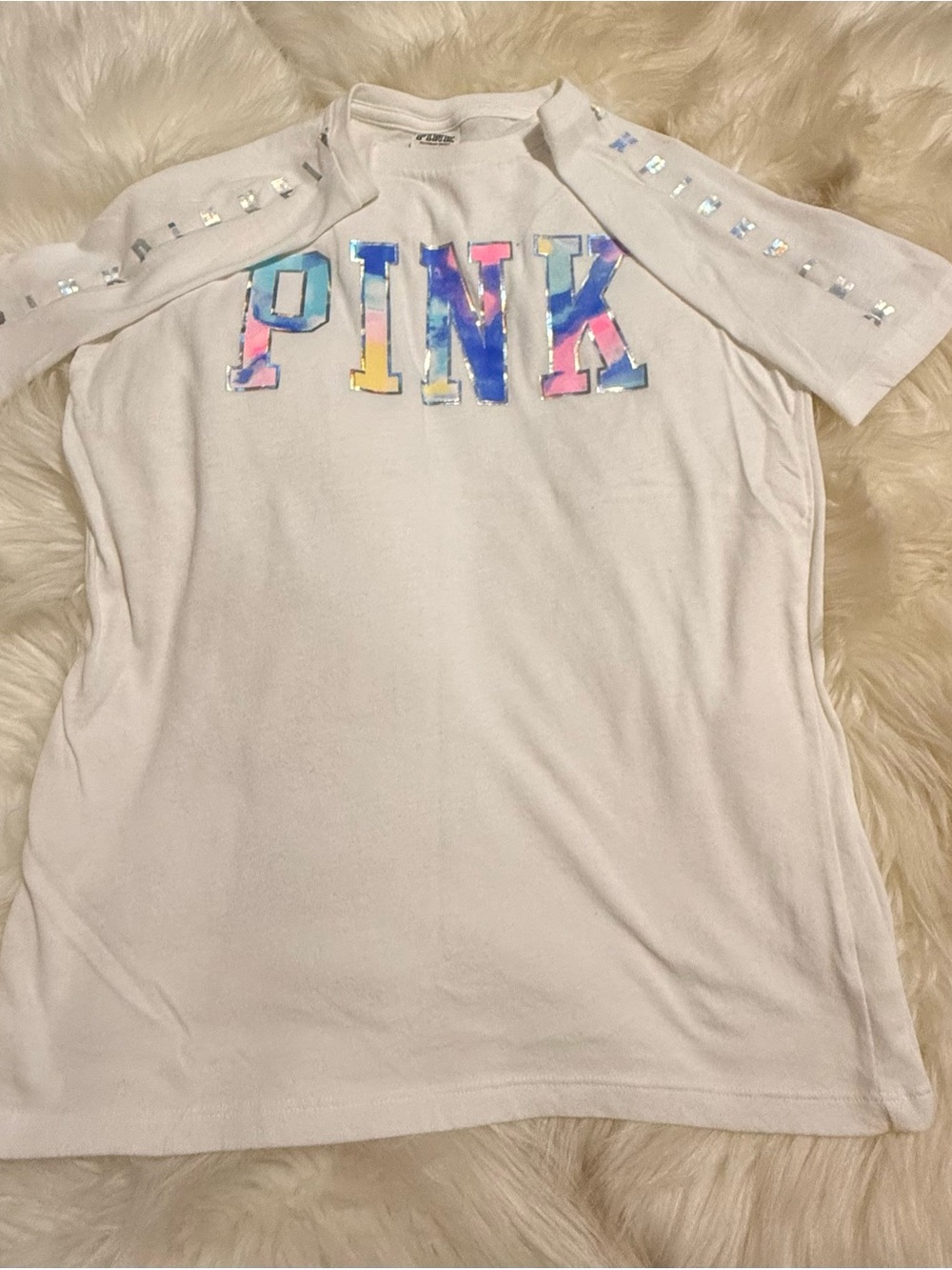 PINK Victoria's Secret White Short Sleeve Tee with Holographic Logo